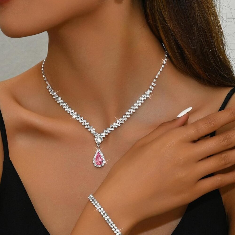 Silver Jewelry Set Prom Bridal Wedding Crystals Necklace Earrings Bracelet Women - Picture 4 of 7